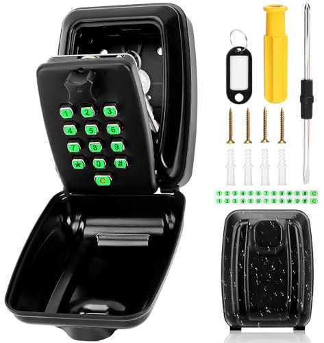 Key Safe Wall Mounted Police Approved - Key Lock Box Outdoor with Illuminated Button Stickers - Large Key Box with 12-Digit Code - Key Storage Box with Weatherproof Cover for Home Garage Office School