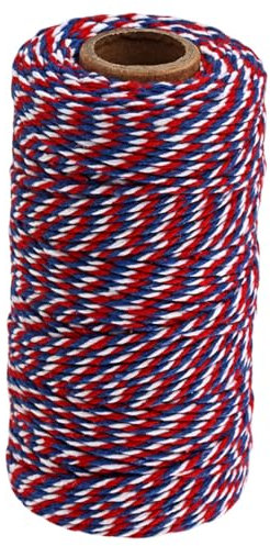 Cordon de Coton et Ficelle Rouge Bleu Blanc 100M Corde Bicolore pour Emballage de Cadeau, Fleuristerie, Arts de Bricolage