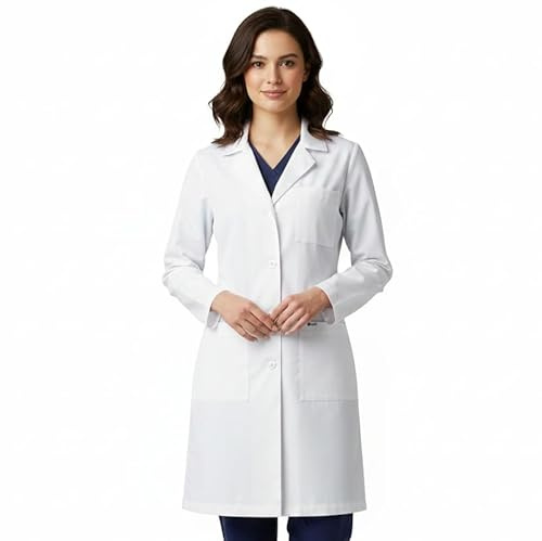 B-well Bwell Bianca Laborkittel Damen – Weiß Kittel – Arztkittel Damen, Weißer Mantel für Labor, Medizin und Studium, 3 Taschen mit Knöpfen