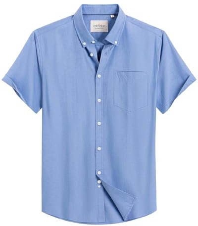 J.VER Mens Blue Shirts Short Sleeve Shirt Regular Fit Non Iron Button Down Oxford Smart Casual Business Office Work Cotton Summer Dress Shirt XL