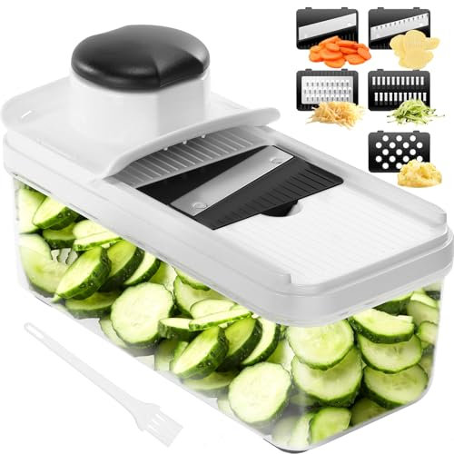 Mandolina de Cocina Profesional, Cortador de Verdura, Rallador de Verduras con 5 Cuchillas Afiladas Intercambiables, Cortador de Patatas Tomates Pepinos Queso Frutas