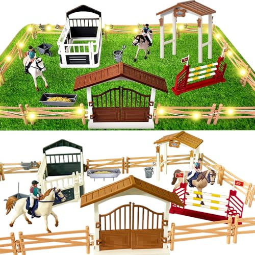 HuaMuDM Pferdestall Spielzeug Pferde,Pferdekoppel Pferdestall | Spielzeug Set mit LED Licht,Horse Spielset Pferdekoppel,Geschenk für Kinder,Jungen,Mädchen 3-12 Jahren