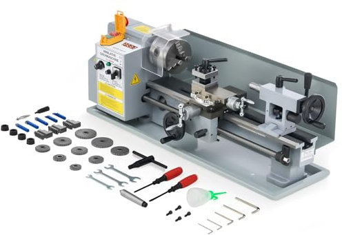 CREWORKS 550W Tornio per Metallo con Display LCD 180 x 350 MM Tornio Metallo a Velocità Variabile 0-2500 Giri/min con Mandrino a 3 Griffe, Tornio per Metalli per Filettatura, Tornitura, Foratura