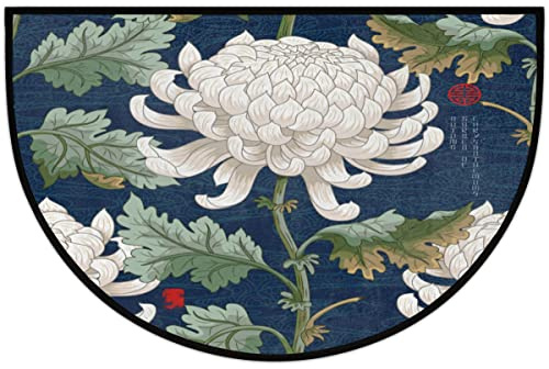NXHDFbn White Chrysanthemum Half Round Door Mat, Flower Floral Non-Slip Half Circle Area Rug Doormat Washable Half Moon Rug Indoor Entrance Doormat for Kitchen Bedroom Home Decor 24x36