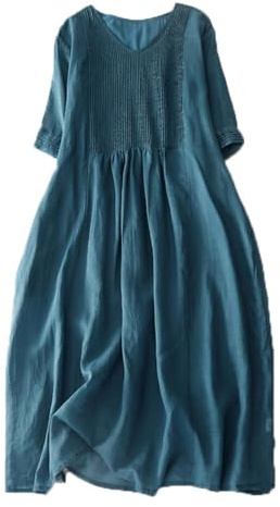 Vestido Midi Mujer Verano Manga Corta Cuello En v Casual Elegante Suelto Vestido Plisado Largo con Bolsillos, M, Azul Lago