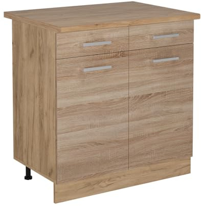 Vicco Küchenunterschrank R-Line, Sonoma, 80 cm | 2 Schubladen · AP Eiche inkl. · Höhenverstellbare Füße · 2 Türen · ✓ Leichter Zugriff