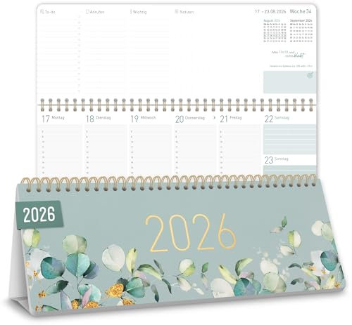 Häfft® Wochen-Tischkalender 2026 quer mit Aufsteller Minty Leaves 1 Woche 2 Seiten, Schreibtisch-Kalender mit Sprüchen, Wochenkalender 29,7 x 11,6 cm - nachhaltig & klimafreundlich
