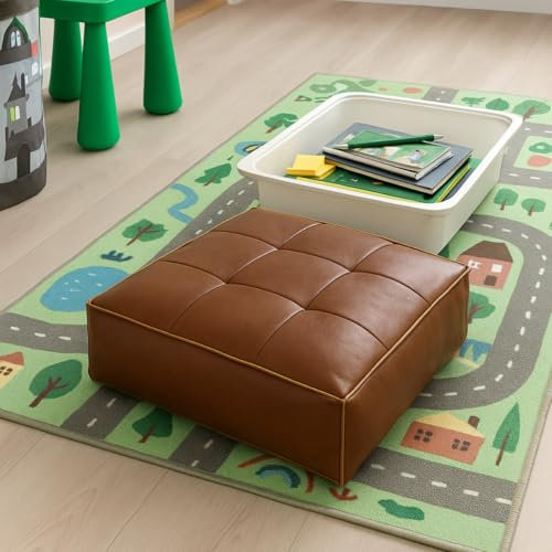 MLUPODY Funda de Puff sin Relleno de Piel Sintética Marrón – 45x45x15 cm – Puff para Rellenar con Ropa o Toallas – Cojín de Suelo Decorativo para Salón y Dormitorio