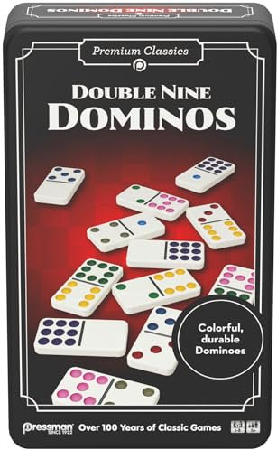 Goliath Double 9 Dominos - Klassisches Familien-Brettspiel für Kinder ab 5 Jahren - 55 nummerierte Dominosteine für 1 bis 8 Spieler - Metall-Reisebox-Dominospiel