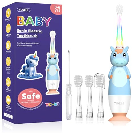 Baby elektriska tandborstar 0-3-6 år småbarn barn tandborste med timer färgglad regnbåge LED-ljus 4 mjuka huvuden batteridriven för flickor pojkar barn YUNCHI K3 (blå enhörning)