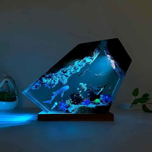Drawelry 3D Harz Ozean Tier Figuren Nachtlicht Ornamente mit Holz Sockel USB-Kabel Epoxidharz Marine Statue Dekoration Mehrfarbige LED Nacht Lampe für Wohnzimmer Schlafzimmer Kinderzimmer Deko (A5)