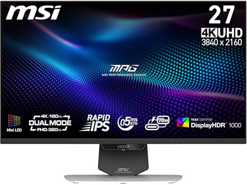 MSI MPG 274URDFW E16M 27-Inch 4K UHD Gaming Monitor, 3840x2160 Rapid IPS, 0.5ms, DisplayHDR 1000, Mini-LED, Dual-Mode, HDMI 2.1, DP 1.4a, USB C (98WPD), Tilt/Height Adjustable, White