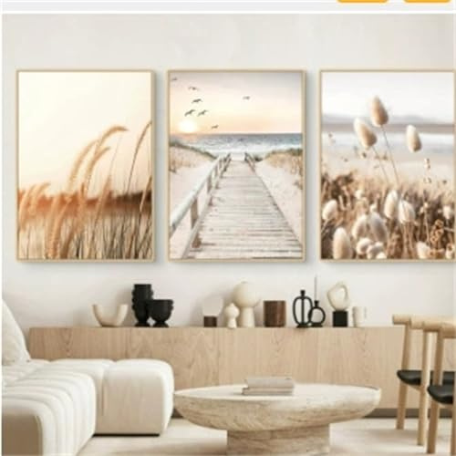 Generisch 3-teiliges Aesthetic Poster Set Natur Küstenstrand Seevogel-Szenerie Bilder Set Pampasgras Wandbilder Sonnenuntergang Boho Bild für Schlafzimmer Wohnzimmer Wanddeko OHNE Rahmen (50×70)