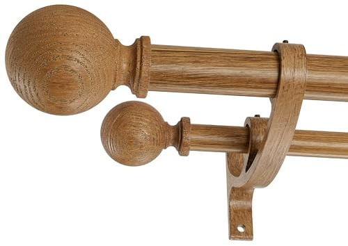 Double Wood Curtain Rods for Windows 36 to 72 Inches,1 Inch Front and 5/8 Inch Back Farmhouse Wooden Curtain Rod with Imitation Wood Grain Ball Finials and Double Aluminum Bracket,Brown Wood Grain