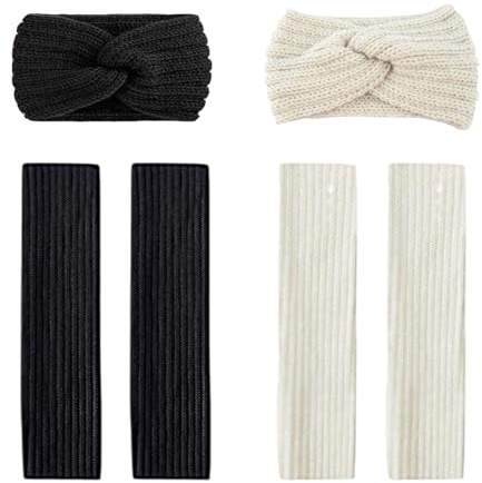 ZesNxj 2 Paar Stulpen Damen + 2 Stück Stirnband Damen Winter, Leg Warmers Strick-Beinsocken für Herbst und Winter, Knöchelwärmer, Beinwärmer für Party-Auftritte, Sport, Yoga, Cosplay