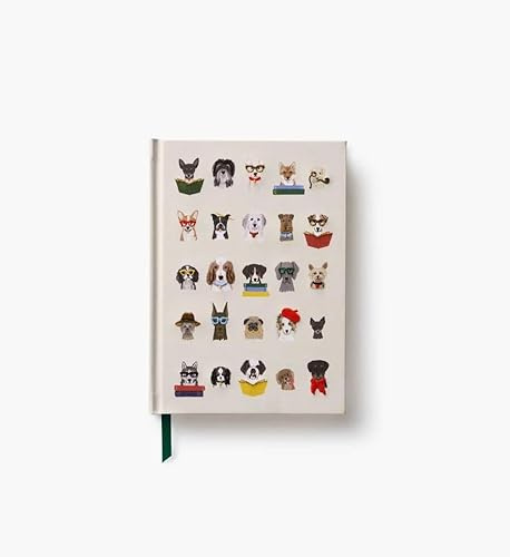 RIFLE PAPER CO. Studious Dogs Embroidered Journal 240 Lined Pages, 8 L x 5.75 W, Cloth Cover with Metallic Thread Embroidery, Includes Grosgrain Ribbon Bookmark