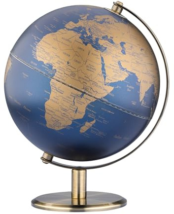 TROIKA Globus mit 20 cm Durchmesser LUNAR bewegliche Achse und antikgoldenem gebürsteten Metallfuß aus Kunststoff und Metall in dunkelblau und goldfarben – Troika Original
