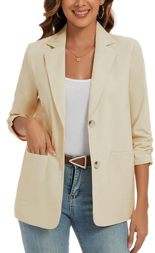 Cotton Linen Blazer Jackets for Women 3/4 Sleeve Summer Blazers ,Beige M