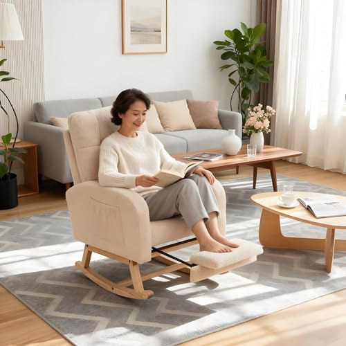 Lispin Rocking Chair Rocker Chair Single Recliner Casual Lounger Lounge Cushion for Living Room Bedroom (Beige+Solid Wood+Teddy)