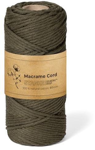 STANKE Hilo macrame 3mm 100m color Verde oliva - Cuerda algodon para boho DIY, cestas, atrapasueños - Cordon de algodon para guirnaldas, posavasos, bolsos - 100% algodon, retorcido, bobina grande