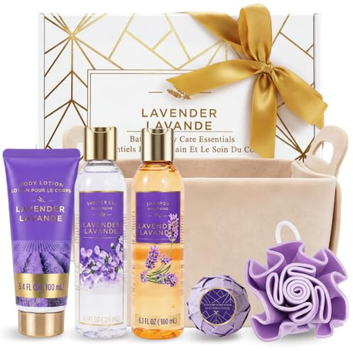 SPA LUXETIQUE Set regalo per il bagno da donna, set per la cura dei sacchetti in feltro alla lavanda con 6 pezzi in formato da viaggio, gel doccia, lozione per il corpo, bagno schiumoso, crema per le