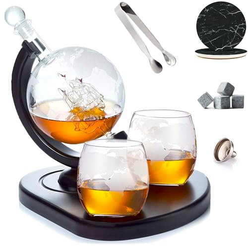 Carafe à whisky avec 2 verres à whisky gravés | Pierres à whisky, pince à glace, sous-verres, entonnoir – Cadeaux pour homme, papa, mari – Liqueur, bourbon, scotch, vodka avec support en bois – 850 ml