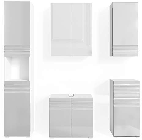 Vicco Badmöbel-Set Fredd, Weiß Hochglanz, 56 cm | besteht aus Waschbeckenunterschrank, Spiegelschrank, Hochschrank, Midischrank und Hängeschrank