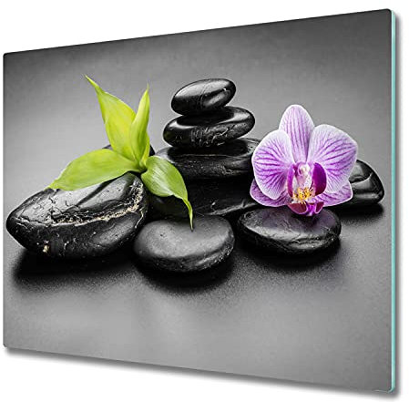 Planche à Découper en Verre Trempé 60x52 cm Pieds Antidérapants Symétrique Avec Impression Bords Polis Modernité Résistant à la Chaleur Contact Alimentaire Décoration - Pierres Zen