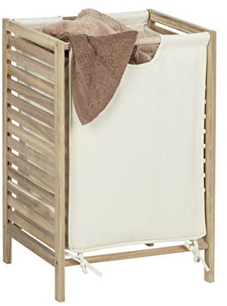 WENKO Wäschesammler Acina, hochwertiger Wäschekorb mit abnehmbarem Wäschesack in der Farbe Creme, aus natürlichem Akazienholz ökologisch FSC® zertifiziert/MDF, Fassungsvermögen 48 L, 40 x 60 x 35 cm