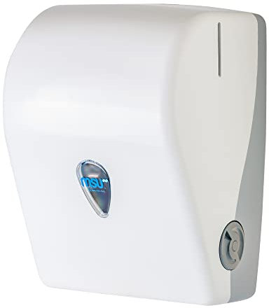 MSU - Dispensador de Papel Autocortante con Cierre de Seguridad | Capacidad Ø 210mm | Incluye Tornillos y Llave | Ideal para Toallas Papel Secamanos, Servilletas Zig Zag, Blanco, Policarbonato