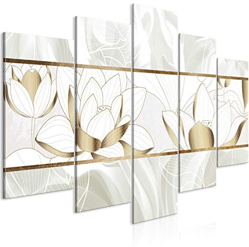 murando - Wandbilder XXL Abstrakt 150x75cm 5 tlg - Wand Deko Leinwand Bilder Groß Wanddeko Wohnzimmer Schlafzimmer Kunstdrucke - Blumen Lilien Natur beige weiß b-B-0559-b-m