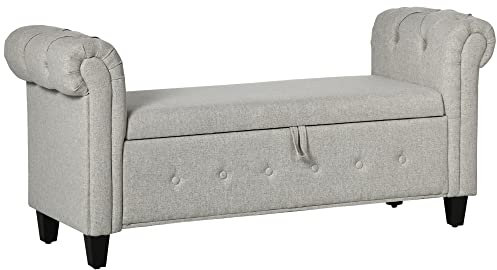 HOMCOM Banco de Almacenamiento Taburete de Almacenaje de Lino con Tapa de Bisagras Patas de Madera y Reposabrazos Enrollados para Dormitorio Salón Pasillo Carga 150 kg 146,5x49x74,5 cm Gris Claro