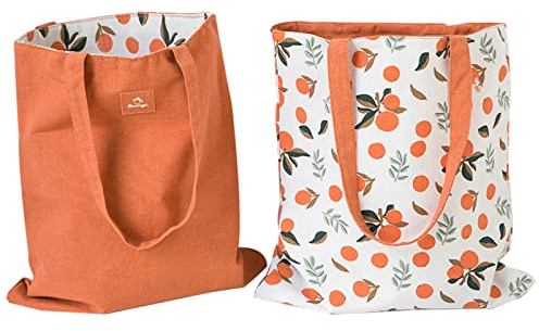 PLATEYTR Doppio lato cotone e tela borsa, borsa in tessuto, borsa della spesa, cotone spalla reversibile Canvas Messenger Bag per le donne, i bambini (mandarino, 40cm x 36cm)