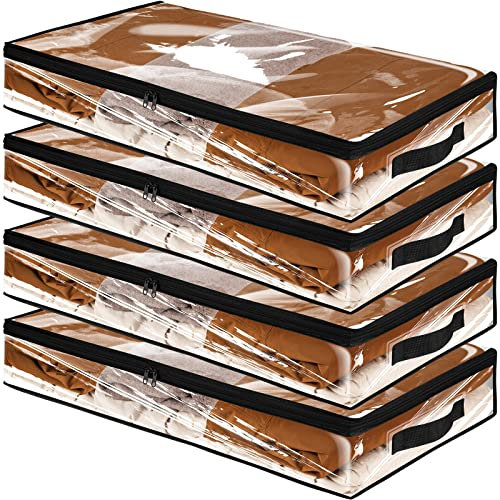 wsryx 4 Pack Clear Under The Bed Storage Boxes with Lids, Foldable Large Underbed Sofa Storage Containers Organiser Clothes Bags with Zips Handles for Bedroom (clear)