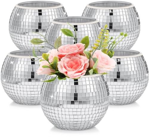 6 Pieces Disco Ball Flower Vase Mirror Disco Ball Glass Vase Planter Candle Holder Glass Vase Bulk for Wedding Centerpieces Bedroom Kitchen Office Decoration Birthday(Silver, 3 x 4 Inch)