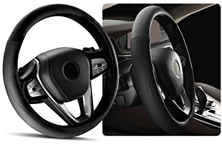 Ziciner Steering Wheel Cover, Soft Leather Premium Durable Elastic Auto Wheel Cover Protector, Stretch Breathable Anti-Slip Lining, Universal 14.5-15 inch Car Interior Accessories (Black)