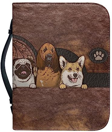 Kuiaobaty Niedliche Hunde-Buchhülle mit Griff, Corgi Mops Welpe Aufdruck Reißverschluss Notizbuchhülle, Kunstleder Planer Zubehör für Reisen Büro