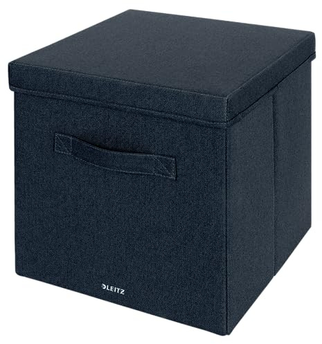 Leitz Fabric Storage Box with Lid, Set of 2 Cube Storage Unit Boxes, Foldable Fabric Ottoman Storage Organiser Box, Velvet Grey, Large, 61450089