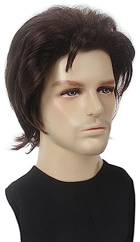 REEWES Kurze Braun Perücke, Rocker 70er 80er Jahre Lockig Wippe Haar Cosplay Halloween Kostüm für Herren