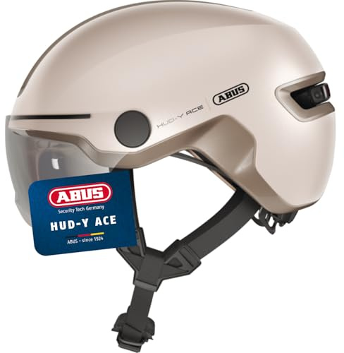 ABUS HUD-Y ACE cityhjälm - snygg cykelhjälm med visir och magnetiskt, uppladdningsbart LED-bakljus - för män och kvinnor - beige, storlek L
