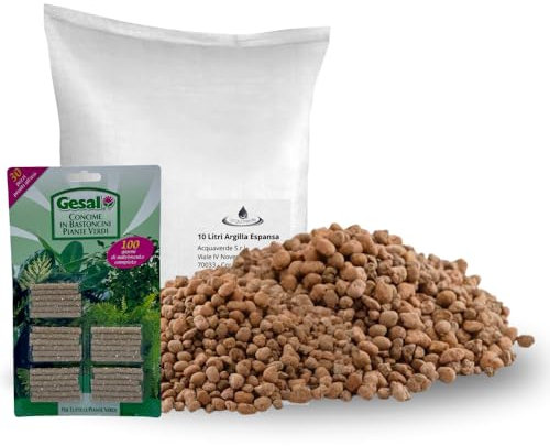 acquaverde Argilla Espansa per Piante in Vaso e Giardino, Argilla Sferica per Drenaggio, Idroponica, Pacciamatura e Decorazione - Sacco da 10 Litri con 30 Bastoncini Fertilizzanti per Piante Verdi