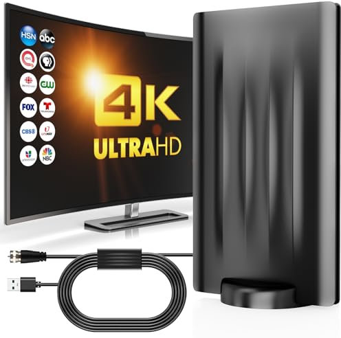 Antenne TV Exterieure Puissante, Antenne TNT Intérieur, 500KM Réception de Antenne TV Rateau, 10M Cable Coaxial, Amplificateur Antenne TV Convient aux 1080P 4K et Tout Le DVB-T/DVB-T2 Signal