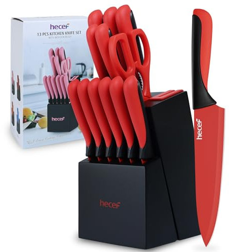 hecef Professional Knife Block Set with Knives Featuring Built-in Sharpening & Non-Sticking Coating - Crafted from High Carbon Stainless Steel (Red)