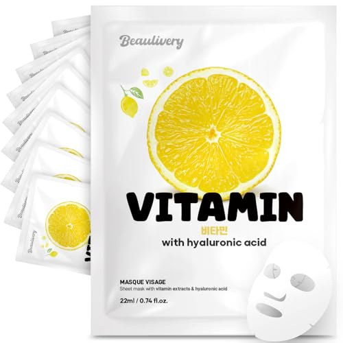 BEAULIVERY Tuchmaske Vitamin 10 Stück mit Hyaluronsäure, Koreanische Gesichtsmaske