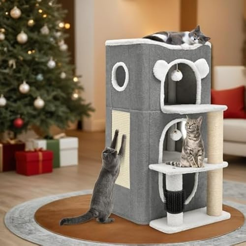 YITAHOME Cuccia per gatti da interni, moderna casetta per gatti con grotta autostradale, tiragraffi e prurito, supporto per arrampicata, casetta per gatti multipli (grigio)
