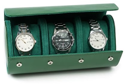 BIEWO Uhrenetui für Herren und Damen, 3 Größen, Leder, Uhrenrolle, Reiseetui, Uhrenbox, Aufbewahrungs-Organizer und Display, Uhrenzubehör (Grün, 3 Uhrenetui)