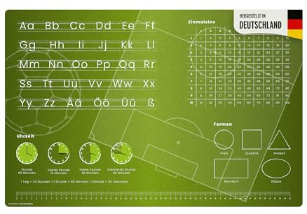 Pädagogische Schreibtischunterlage – Fußball Fußballfeld – ABC & 1x1 – 60x40 cm – abwischbares Vinyl – von Lehrern zur Einschulung empfohlen – Made in Germany