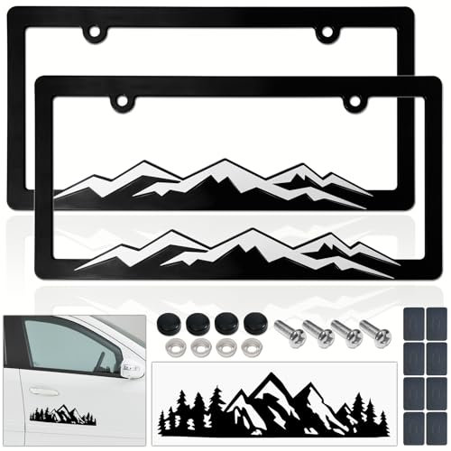 BGGTMO Mountain Kennzeichenrahmen - Weiß auf schwarzem Berg, Kunststoff, schwarz, Auto-Tag-Halterung mit Schraubkappen, 2 Packungen mit 2 Löchern, mit Mountain-Vinyl-Aufkleber