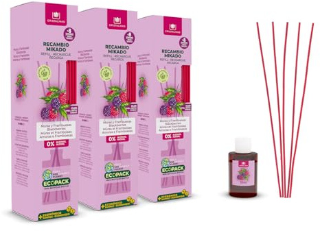 CRISTALINAS | Pack 3 Recambio + Cañas Ambientador Mikado | Recambio Ambientador Hogar | Larga Duración 8 Semanas | 35ml | 0% Alcohol (3X35ml, Moras y Frambuesas)