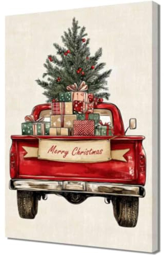 ZQQART Weihnachts Truck Leinwandbild Wandkunst rotes Auto Bilddrucke Truck mit Schneemann Kunstwerk Scheunen Truck mit Weihnachtsbaum Poster Winterszene Gemälde (Rot,30x45cm)